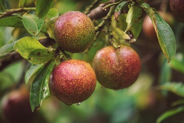 Obraz premium Close-up view of ripe, speckled fruits on a branch, showcasing natural beauty.