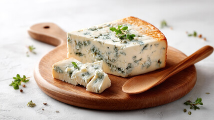 Moldy cheese wedge with blue green spots on wooden board with knife for culinary presentation and gourmet food display