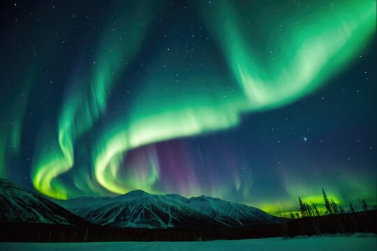 Bright lights of aurora borealis illuminate the dark night sky