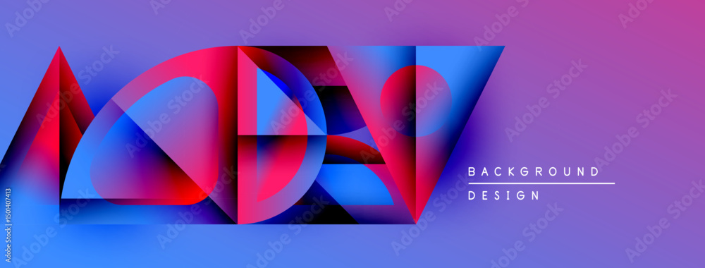 Poster Abstract geometric shapes, vibrant colors, purple gradient background. Modern design elements create dynamic visual impact.