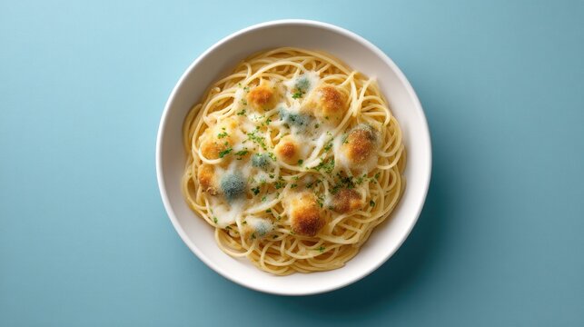 Moldy pasta leftovers on plate highlighting spoilage and food waste concepts for kitchen awareness