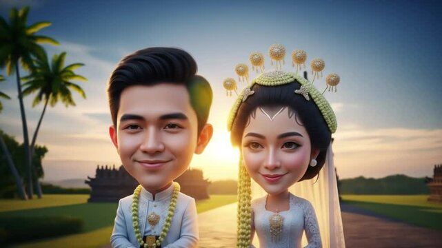 3D Cartoon of Javanese Wedding Couple in Traditional Attire with Temple and Sunset