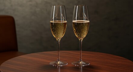 Photo of Two Champagne Glasses on Wooden Table with Bubbles