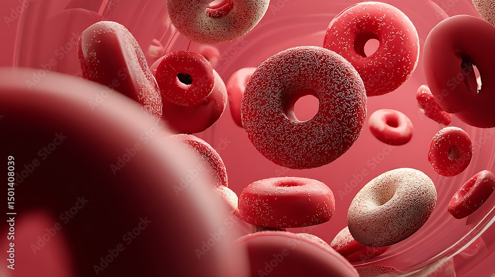 Poster abstract floating donut shapes in shades of red and white against a red background for decorative de