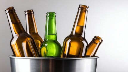 Collection of Empty Beer Bottles in a Metal Bucket with One Green Bottle Standing Out in a Light Gray Background