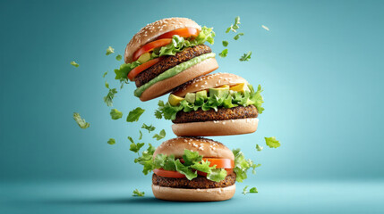 Dynamic veggie burger explosion with flying lettuce and tomato elements for creative culinary design