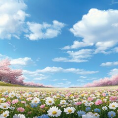 Flower field with cherry trees in springtime