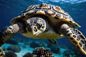 Obraz premium A turtle swims above a colorful coral reef in the ocean, surrounded by marine life