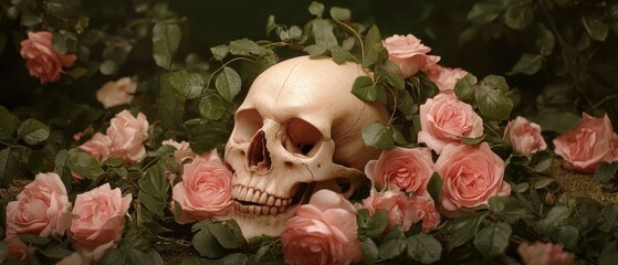Skull among pale pink roses