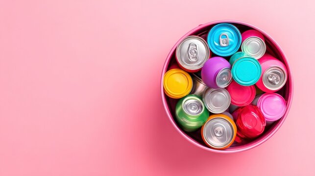 Colorful Collection of Metallic Beverage Cans in Round Pink Bowl on a Bright Pink Background
