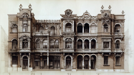 Fototapeta premium Classic antique building facade. Vector realistic illustration of brick and stone palace exterior wall decorated with vase sculpture, arches, balustrade on balconies, elegant white marble architecture