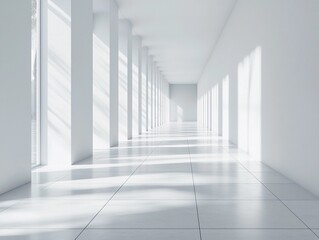 Obraz premium White minimalistic corridor with sunlight casting shadows on the floor Generative AI