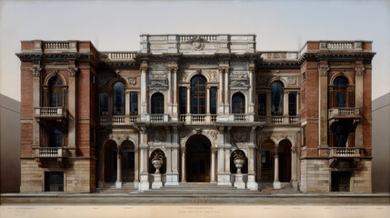 Obraz premium Classic antique building facade. Vector realistic illustration of brick and stone palace exterior wall decorated with vase sculpture, arches, balustrade on balconies, elegant white marble architecture