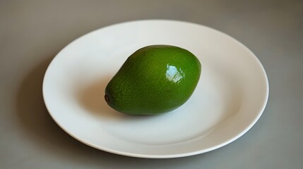 A single avocado on a white plate