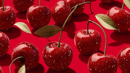 Vibrant red cherries with shiny textures on a bold background. 3D seamless wallpaper.