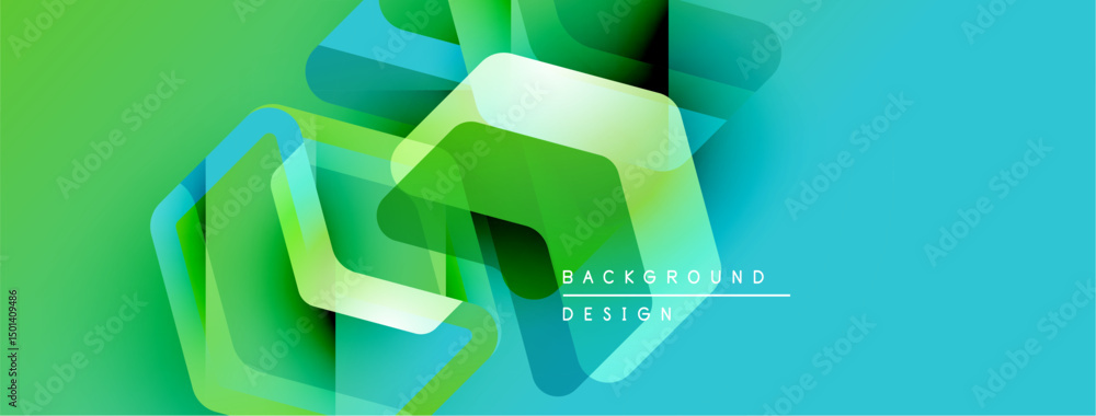 Poster Abstract geometric shapes overlap, creating vibrant green, blue gradients. Modern design element for backgrounds, presentations.
