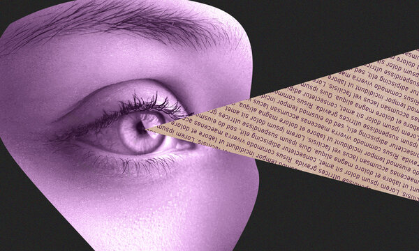 Eye with text projection showcasing focus on perception and information processing in a contemporary art style