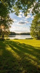 Obraz premium Photo Of Verdant Lakeside Landscape With Sunlight Filtering Through Trees and Green Grass