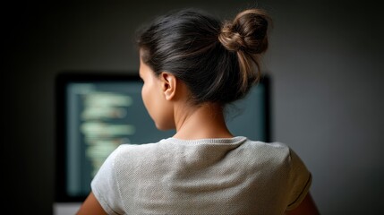 A focused woman working on a computer, immersed in coding