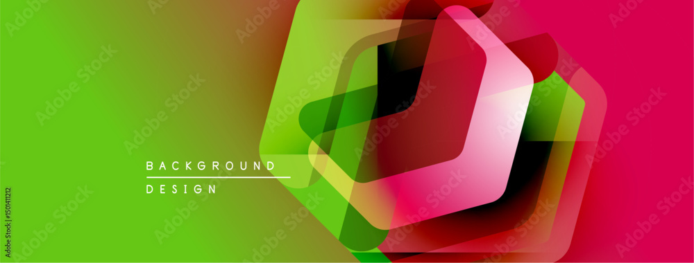 Poster Abstract geometric shapes overlap. Vibrant green transitions to pink. Modern design elements create dynamic visual impact.