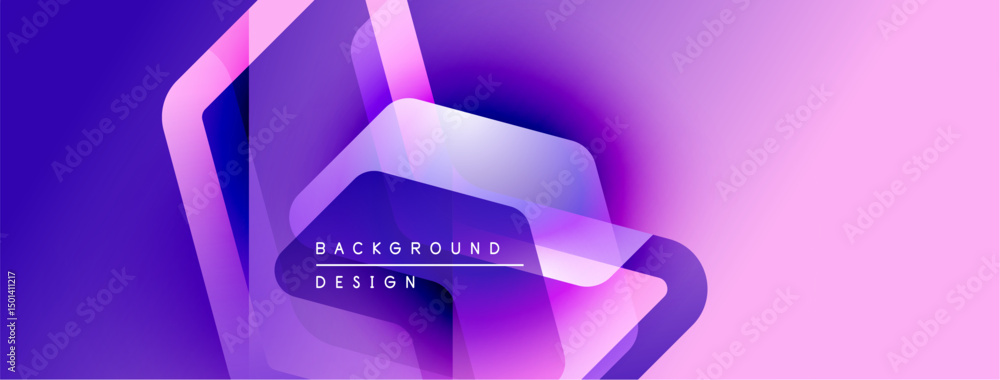 Poster Abstract purple background. Geometric shapes overlap creating dynamic visual effect. Modern design elements present.