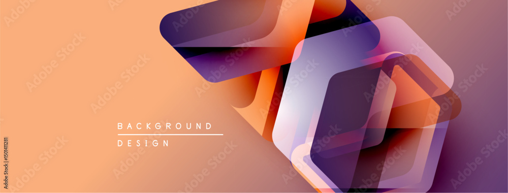 Poster Abstract geometric shapes overlap, creating vibrant orange, purple gradients. Modern design element for backgrounds, presentations.