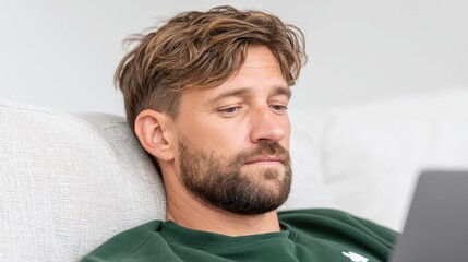 Fototapeta premium A man focuses on his laptop while sitting comfortably on a couch. His thoughtful expression suggests he's engaged in important work or leisure activities at home.