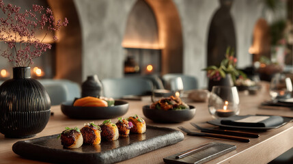 Elegant Japanese Restaurant Interior with Sushi on Dark Table