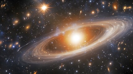 A surreal depiction of a wormhole opening near a distant galaxy, with bending light and distorted stars, showcasing cosmic beauty.