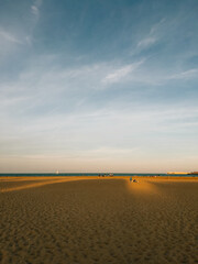 Golden sand stretching towards horizon meets a tranquil sea under vast sky filled with soft clouds,...