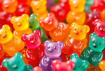 Colorful gummy bear candies in various vibrant hues, close-up view. Bright and playful background perfect for sweet-themed designs, candy packaging, or children’s content