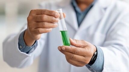 A scientist carefully examines a green liquid in a test tube, showcasing the importance of laboratory research and experimentation in scientific discovery and innovation.