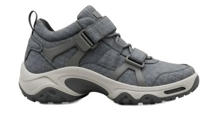 Gray shoe with straps emerges from gray background