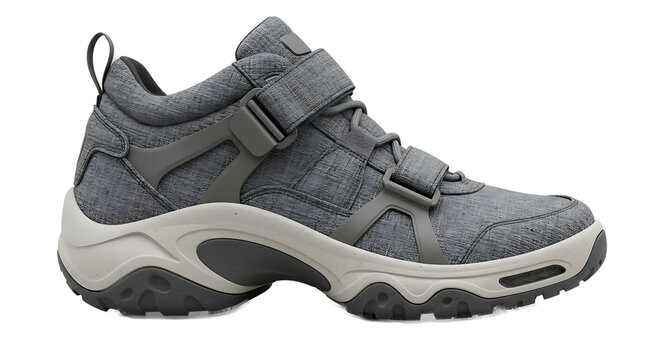 Gray shoe with straps emerges from gray background