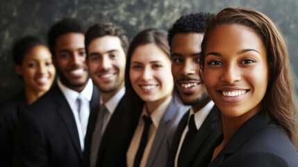 Fototapeta premium Group of five professionals smiling together in formal attire against a textured wall during a networking event