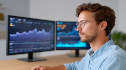 Fototapeta premium Businessman Analyzing Cryptocurrency Data on Dual Monitors in a Modern Workspace