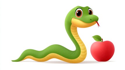 Fototapeta premium Cheerful Cartoon Snake Posing With A Bright Red Apple In A Whimsical Style