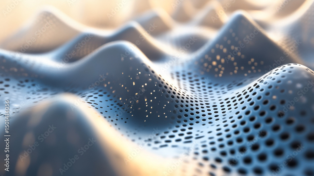 Poster close-up view of a textured surface with a wave pattern and small holes capturing light in a soft en