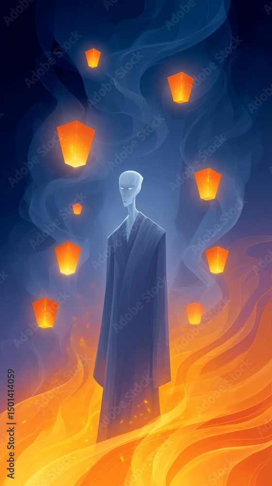 Poster ethereal spectral figure in dark robe surrounded by floating lanterns and flames in a haunting atmos