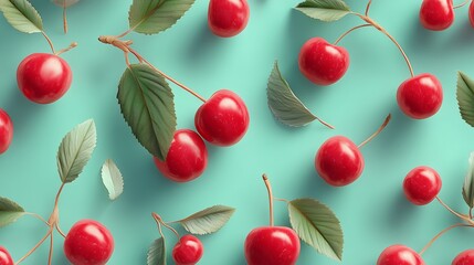 Vibrant cherry pattern with leaves on a turquoise background. 3D seamless wallpaper.