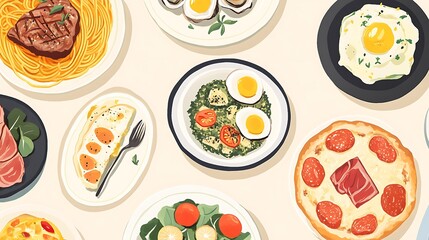 Various food dishes displayed on plates.