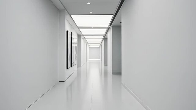 Long, white empty hall with artwork and lights.