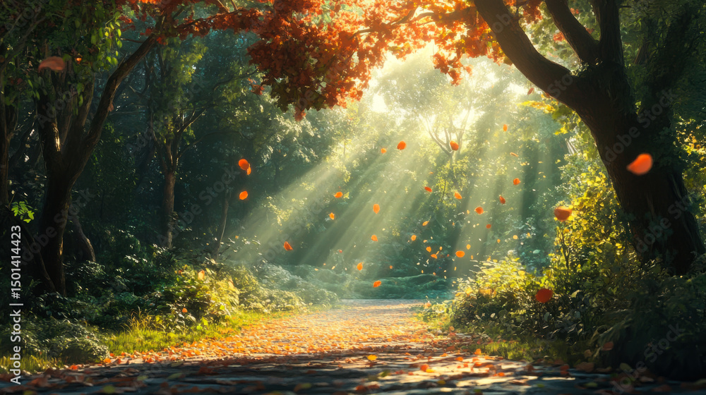 Poster golden sunlight filters through trees illuminating a forest path covered in autumn leaves in a seren