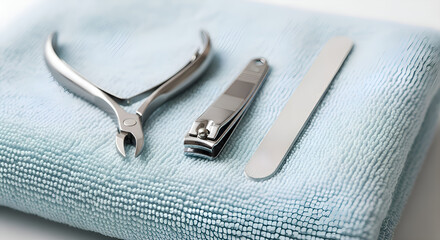A nail clipper and file on a folded hand towel handuk 