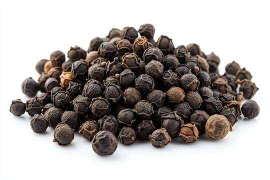 Black peppercorns pile on white background. Artificial Intelligence image