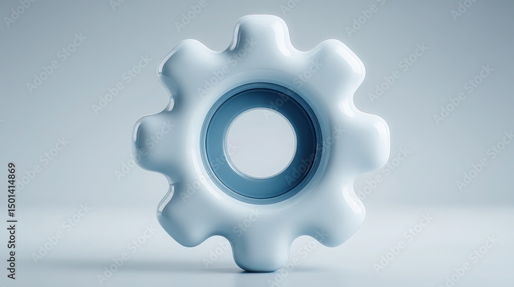 Poster white gear wheel isolated on background representing smart setup refinement engine and low-productiv