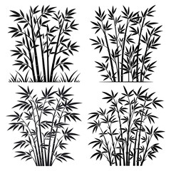 Silhouette Set of Lush botanical bamboo grove scene with tall slender stalks and dense tropical foliage background