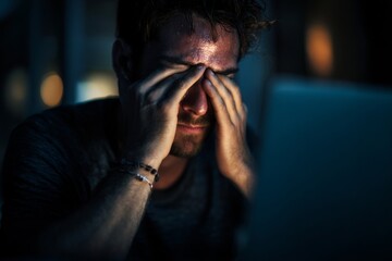 An exhausted man rubs his eyes, showing signs of stress while working late at night.