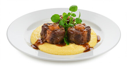 Oxtail with watercress, dish served with polenta or white rice, elegant arrangement, isolated on white background, studio photo