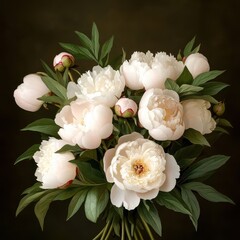 Fototapeta premium White peony flower bouquet on dark background